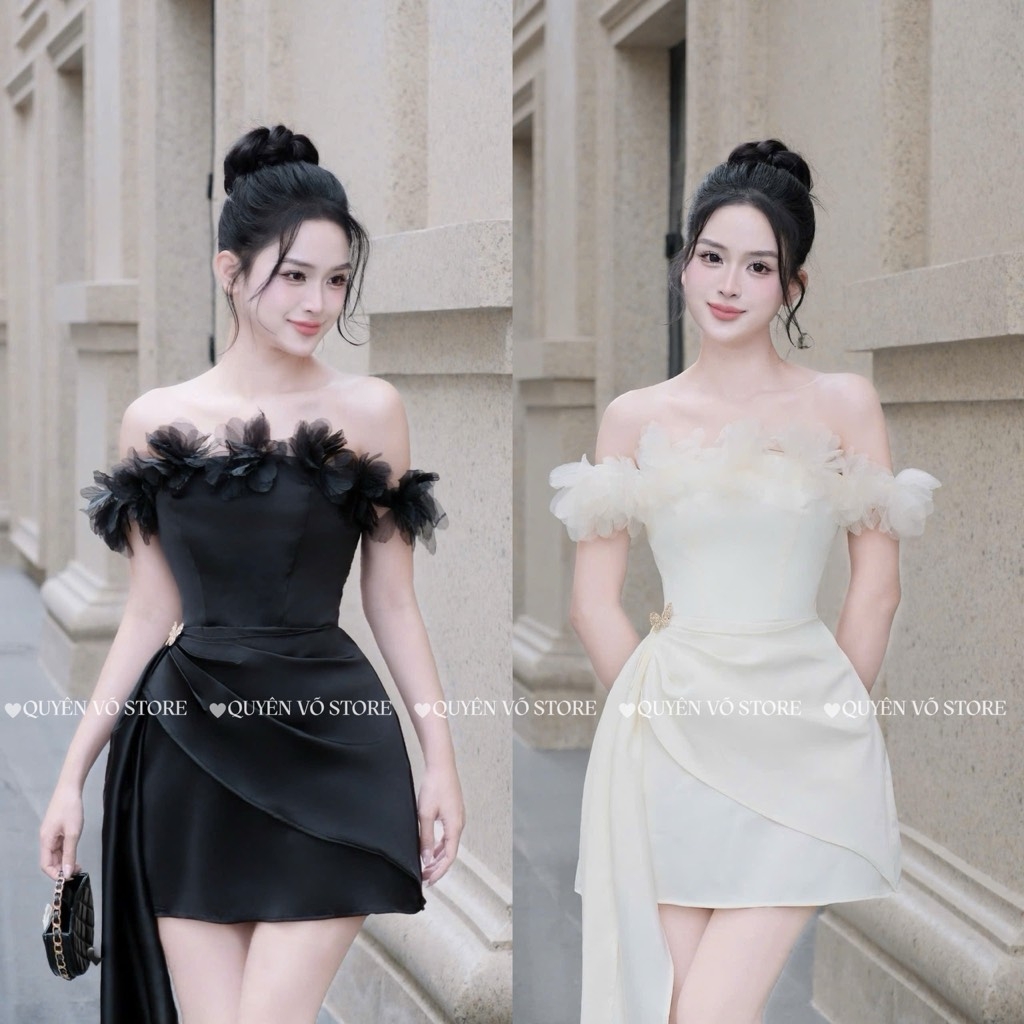 Đầm trễ vai hoa lụa chéo - Đen