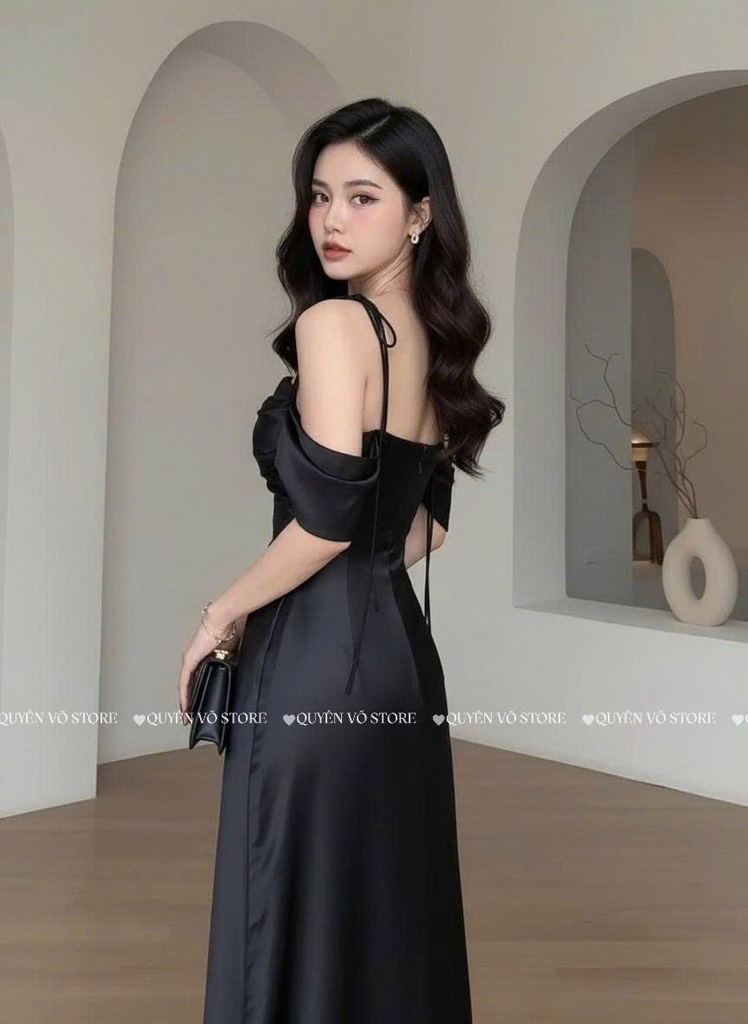 Đầm lụa trễ vai cột dây - ĐEN