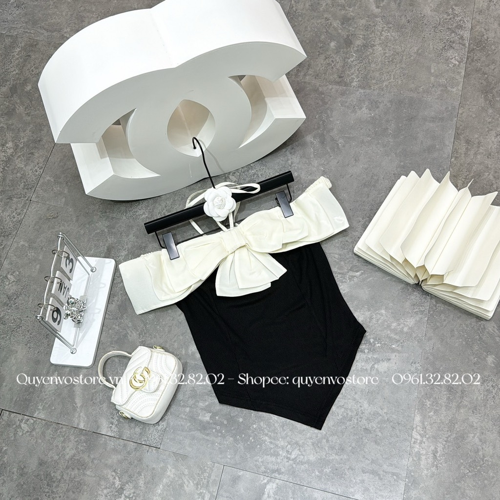 Áo thun trễ vai cài nơ - Chất tăm lạnh