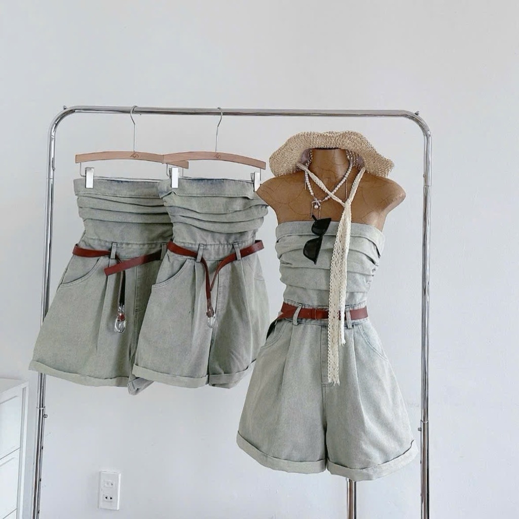 Jum jean wash ống cúp ngực kèm nịt nâu