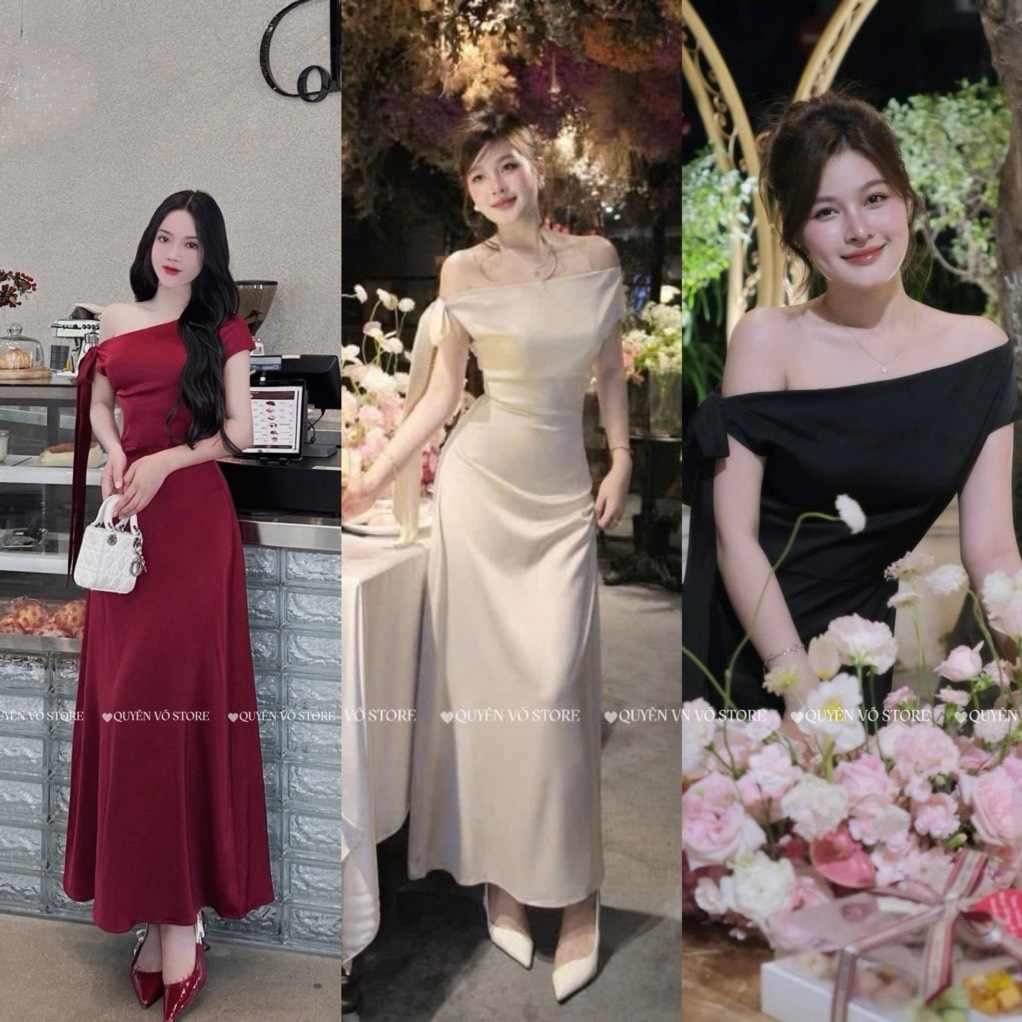 Đầm lụa lệch vai buộc nơ dài - Đỏ