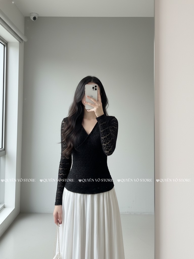 Áo ren ôm body đắp chéo - Đen 1506