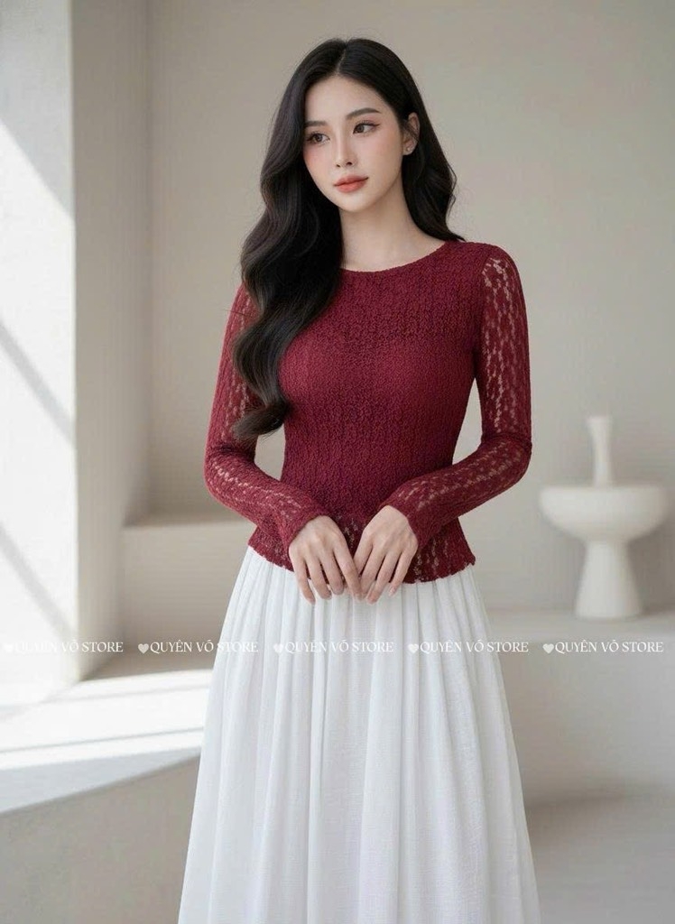 Áo ren ôm body cổ tròn tay dài - Đỏ 1505