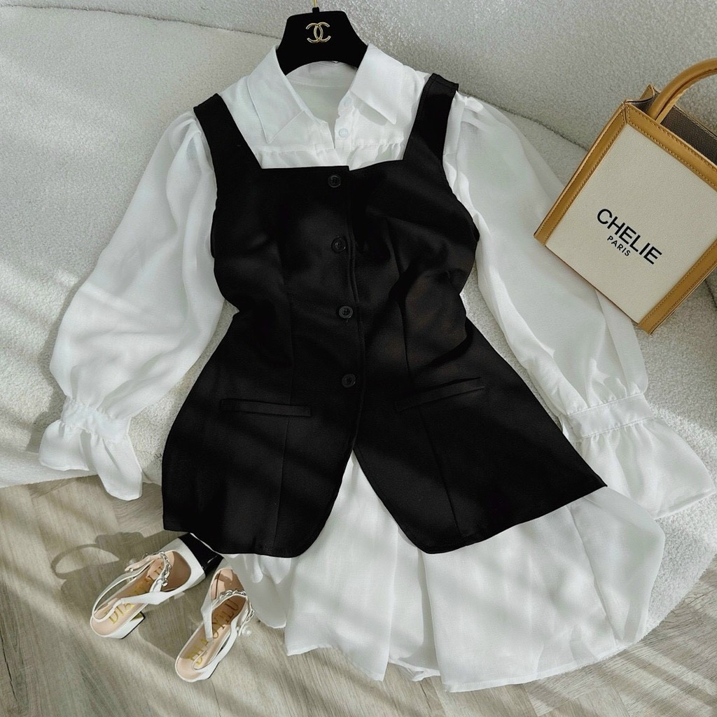 Set đầm sơ mi kèm gile