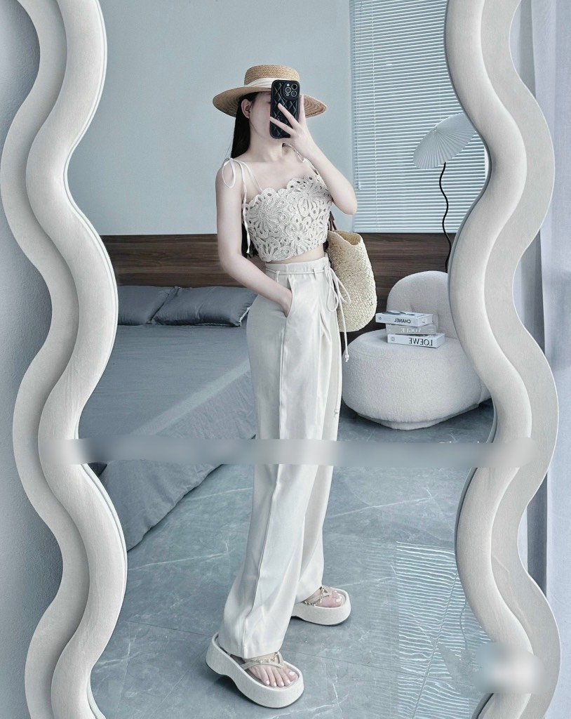 Set áo 2 dây ren quần suông dài