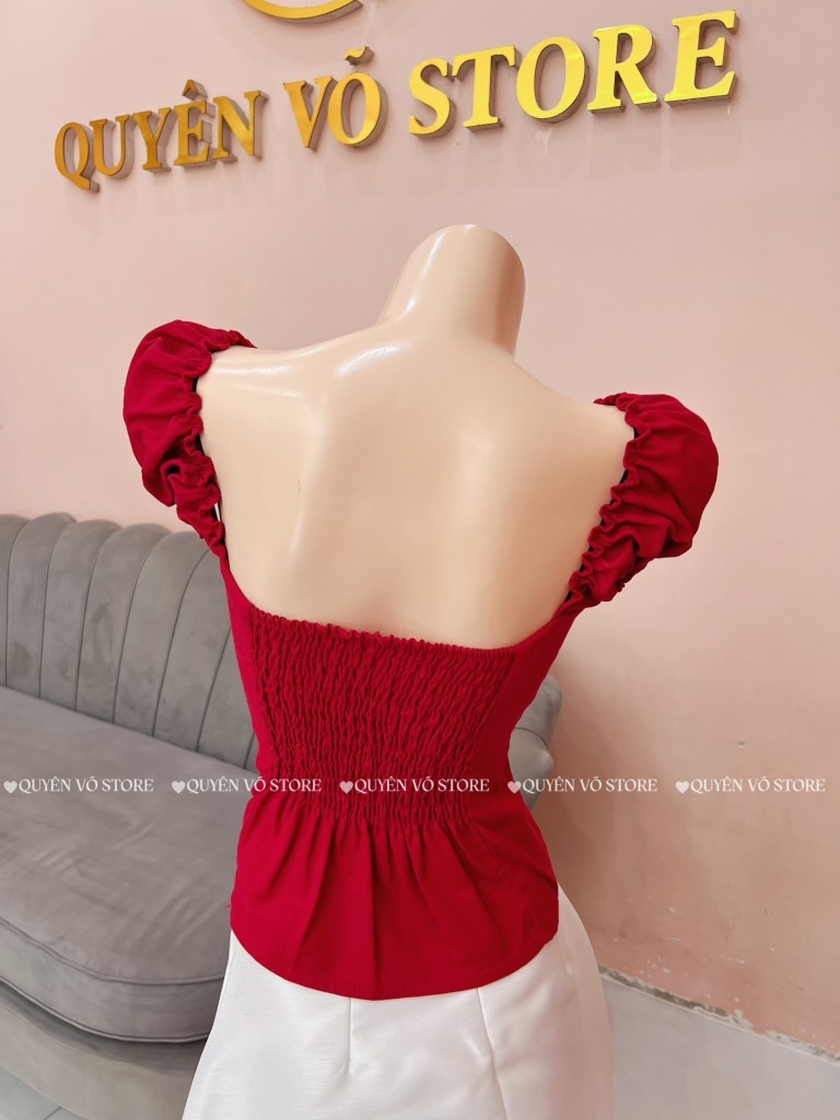 Áo ôm babydoll nút bọc - TRƠN ĐỎ