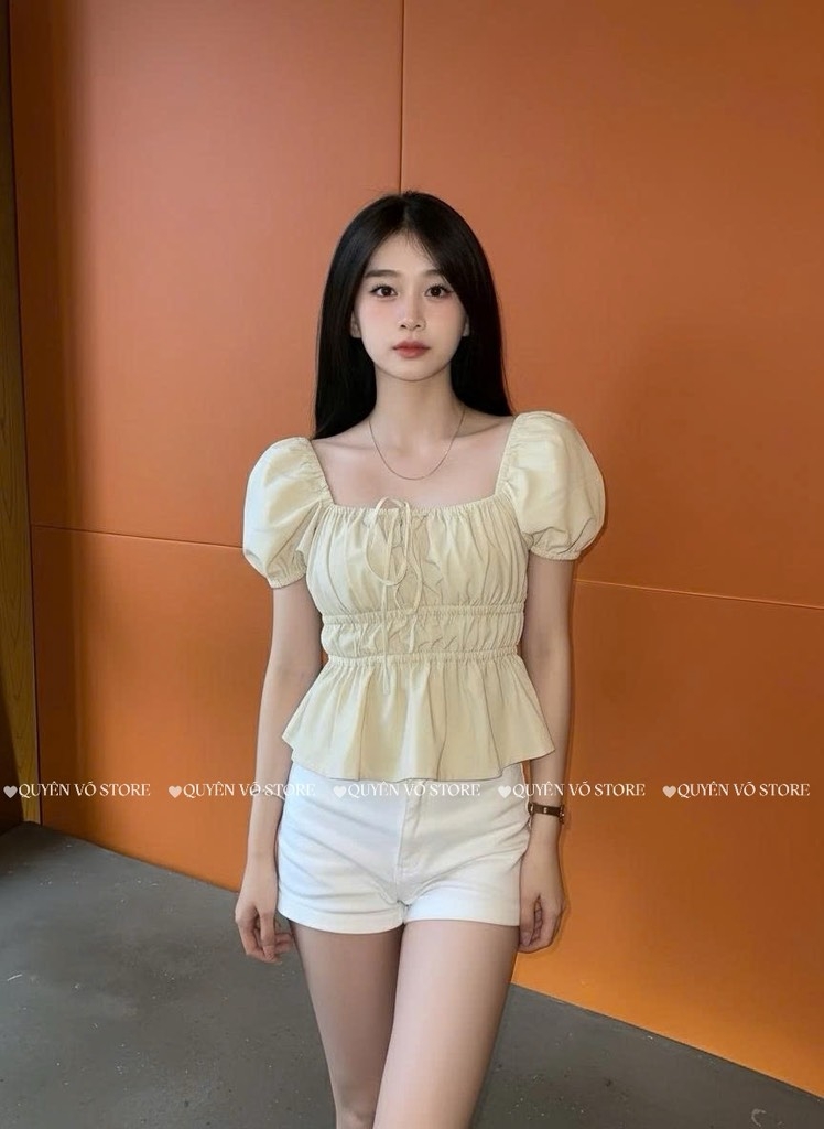 Áo nhún cổ vuông - Kem
