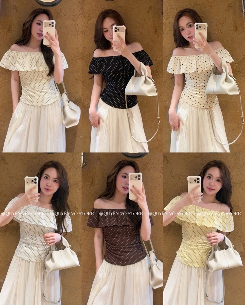 Áo thun trễ vai nhún eo