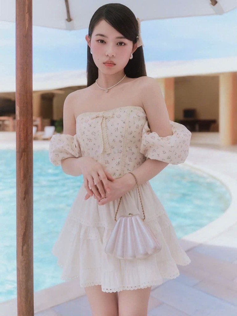 Set áo hoa nhí cúp ngực chân váy viền ren