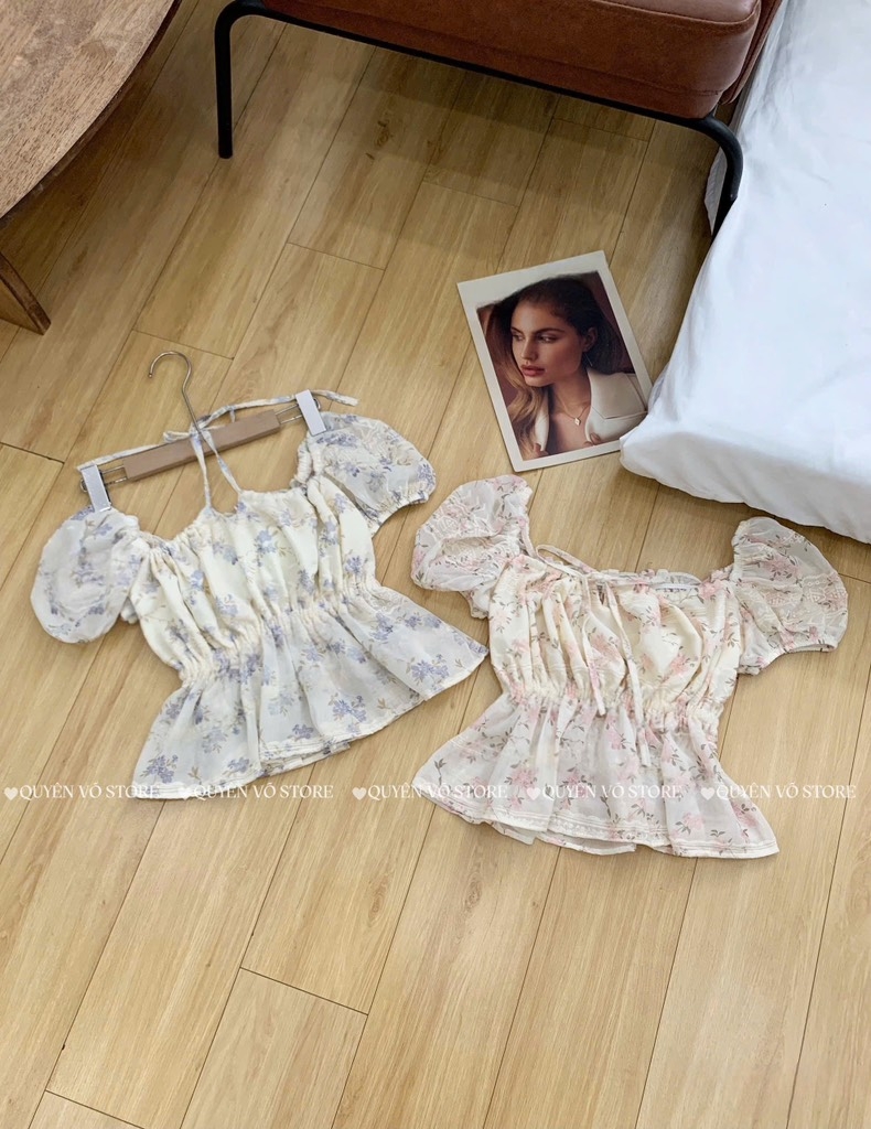 Áo nhún cổ vuông - Hoa hồng