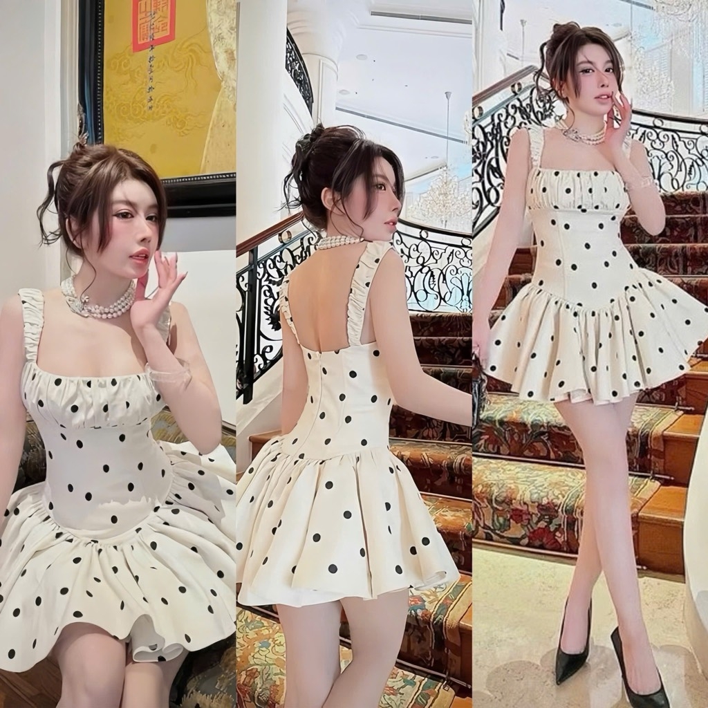 Đầm kem chấm bi 2 dây xòe