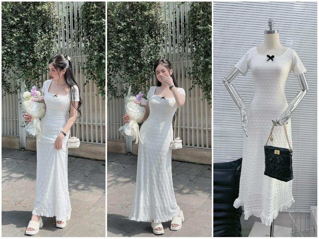 Đầm ôm body maxi ren hoa cổ vuông - Trắng