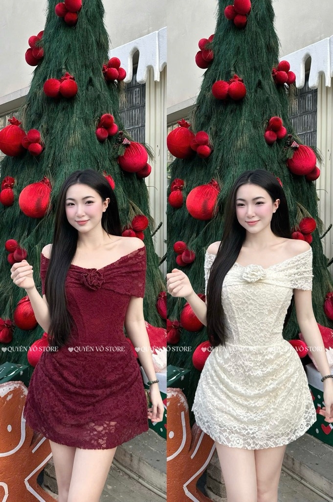 Đầm ren ôm body trễ vai - Đỏ