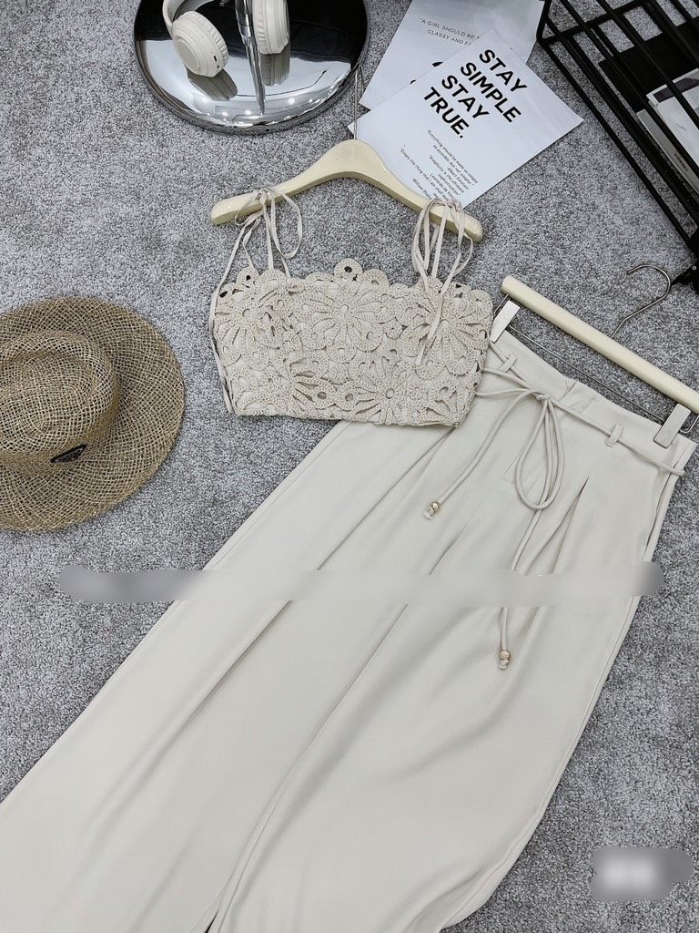 Set áo 2 dây ren quần suông dài