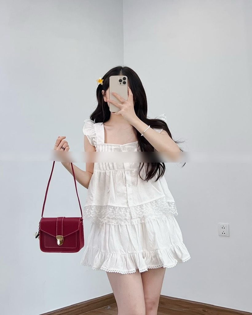 Set áo Babydoll tay tiên bèo chân váy viền ren