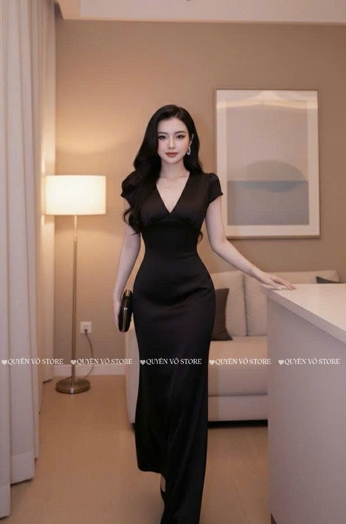 Đầm lụa cổ V - ĐEN