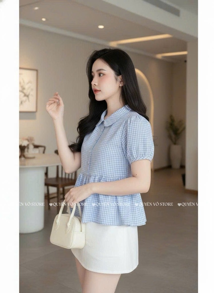 Áo sơ mi babydoll caro xanh dương