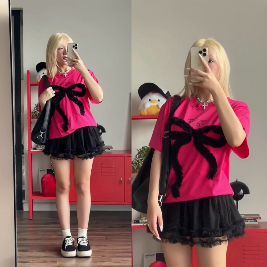 Áo thun nơ thêu nổi