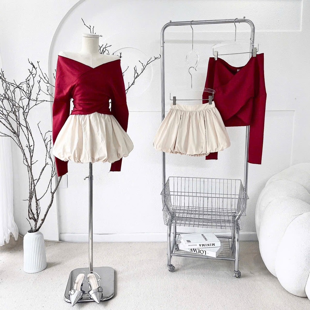 Set áo đỏ đắp chéo chân váy bí kem