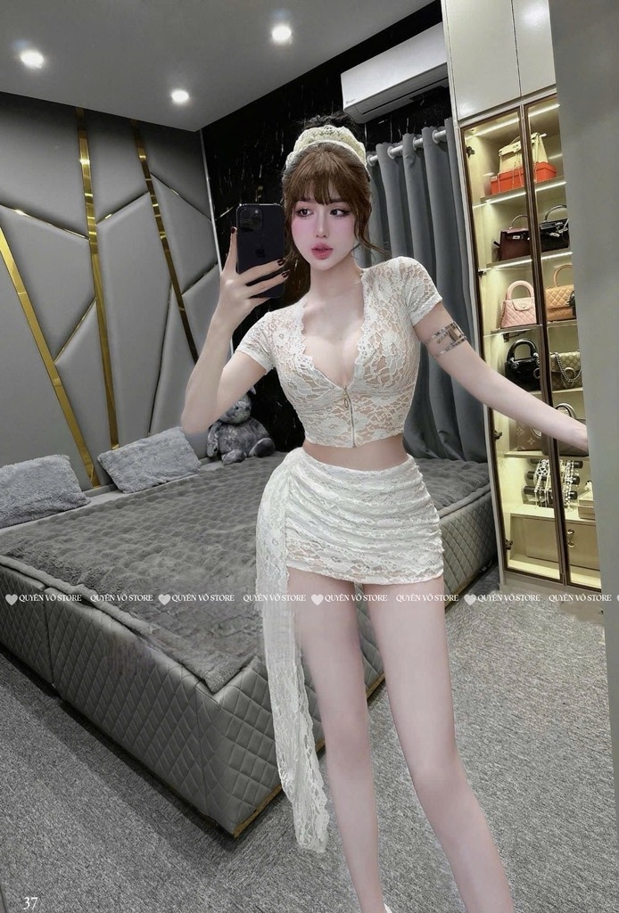 Set ren chân váy vạt - Đen
