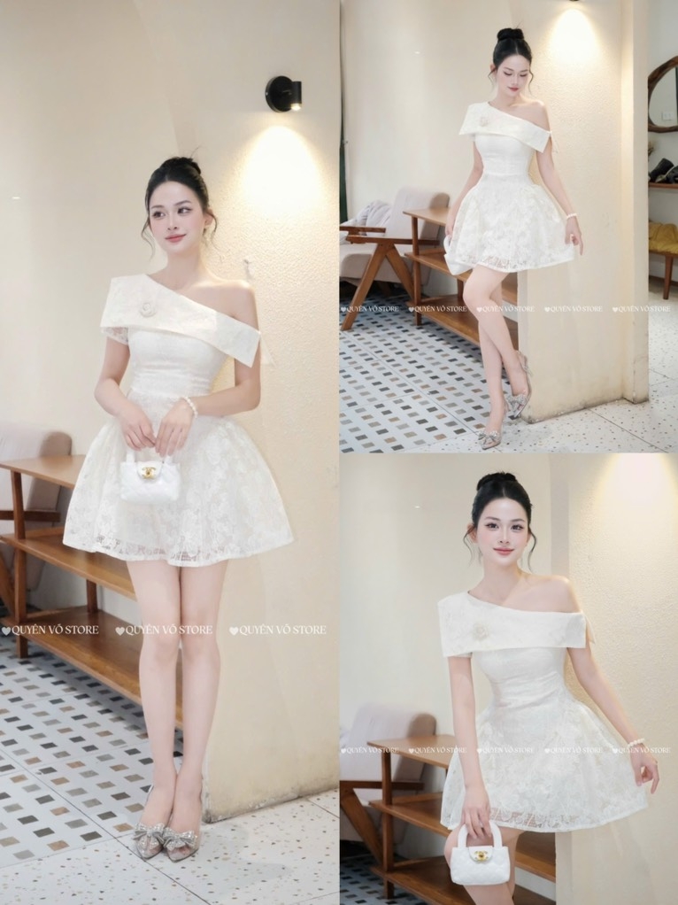 Đầm ren lệch vai đính hoa