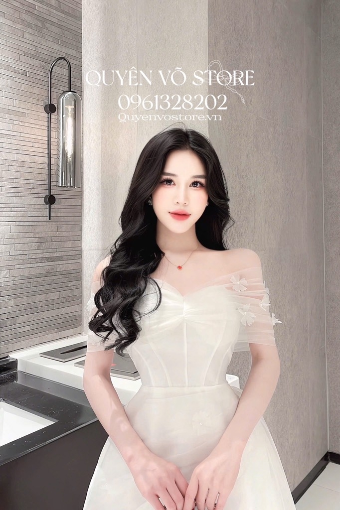 Đầm trễ vai lưới đính hoa - Trắng