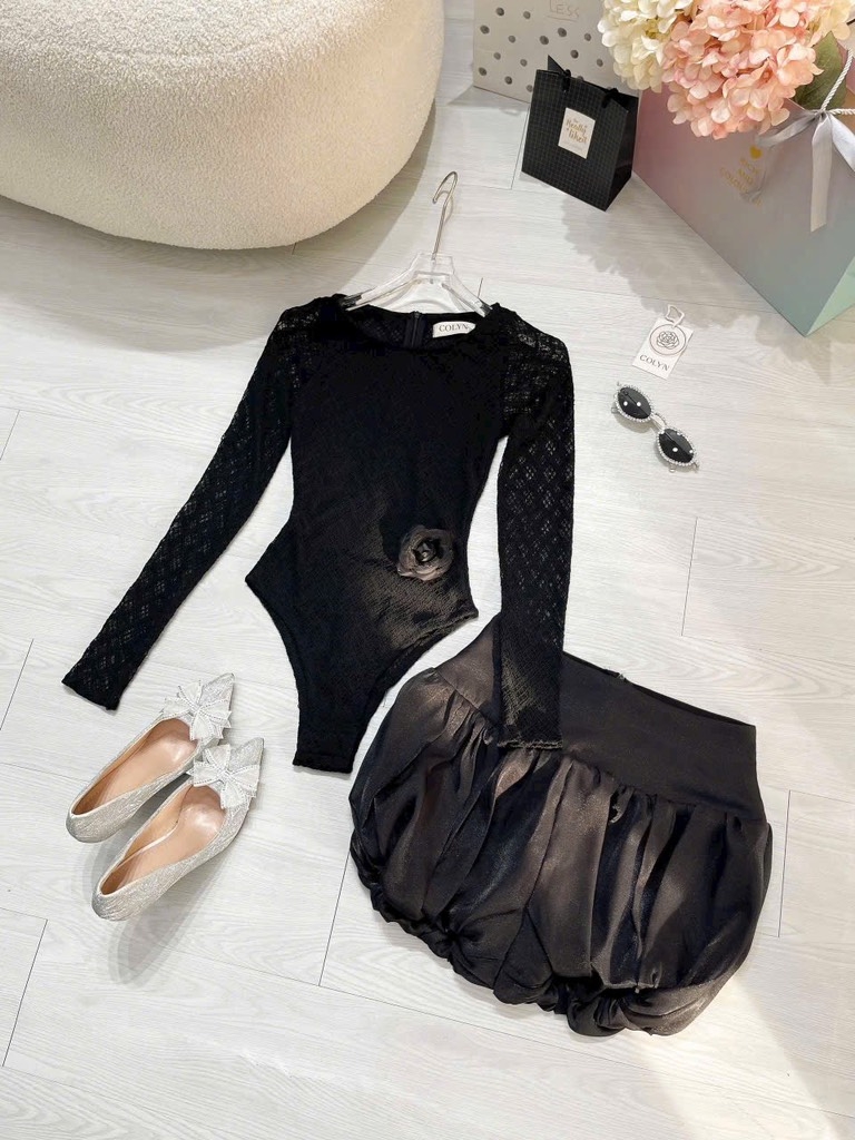 Set ren tay dài bodysuit chân váy bồng bềnh - S