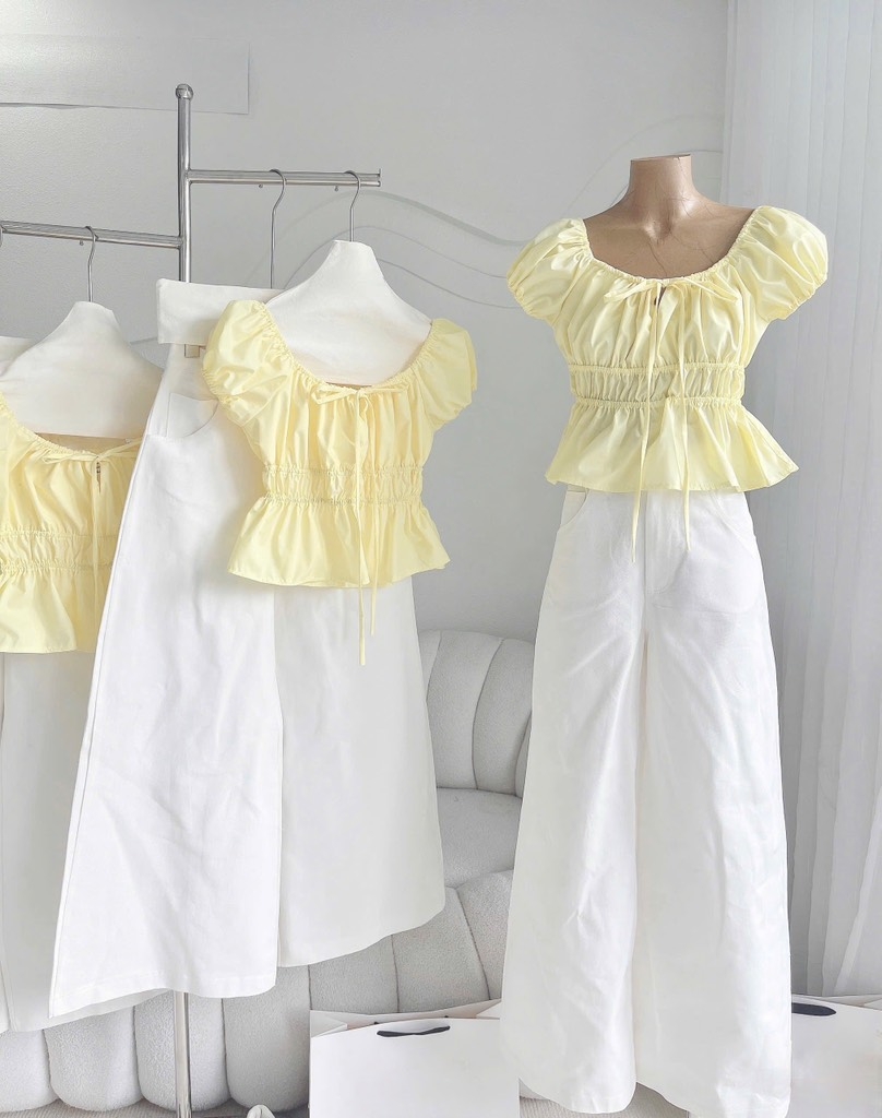 Set áo nhún tay phồng quần suông trắng