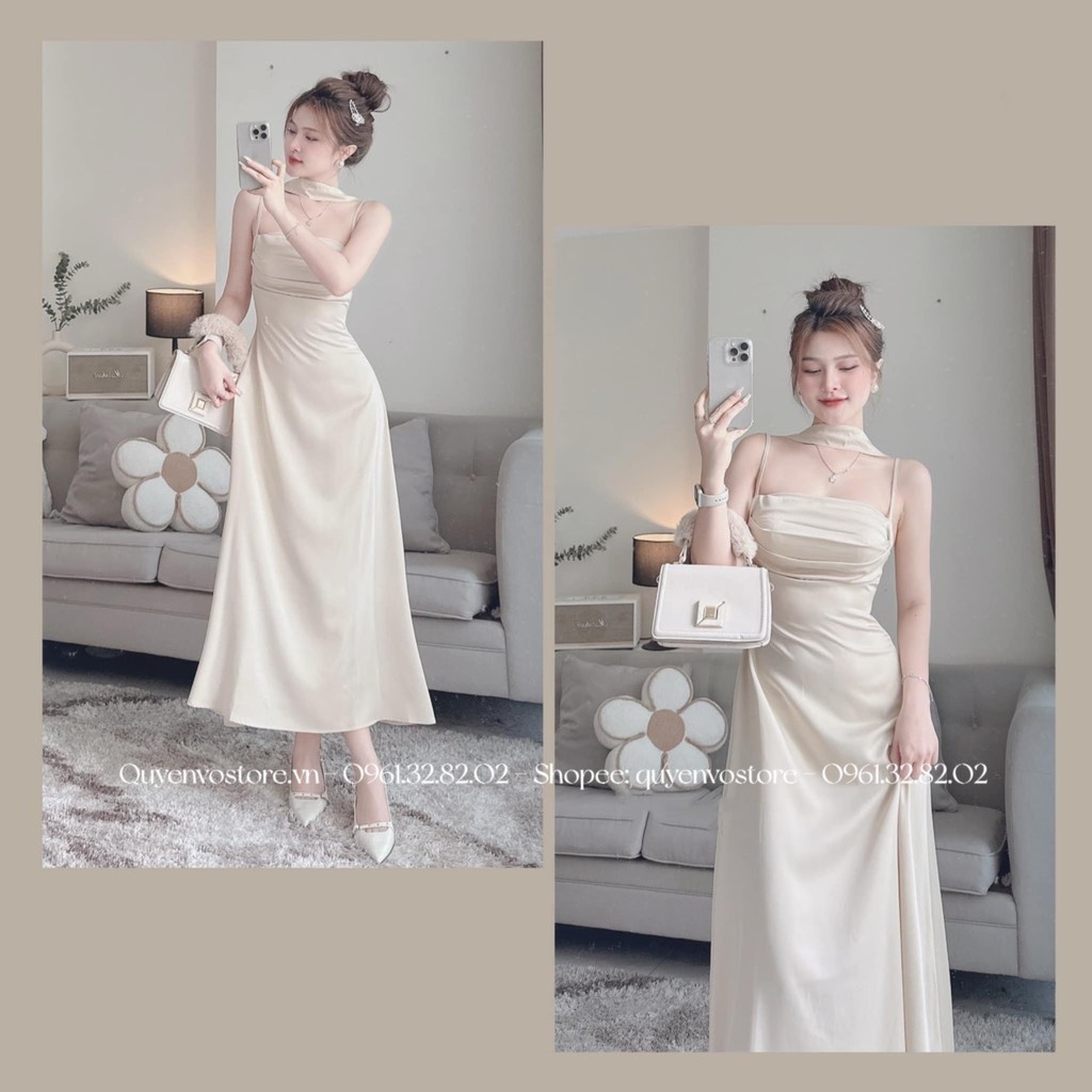 Đầm lụa 2 dây đáp cổ li ngực