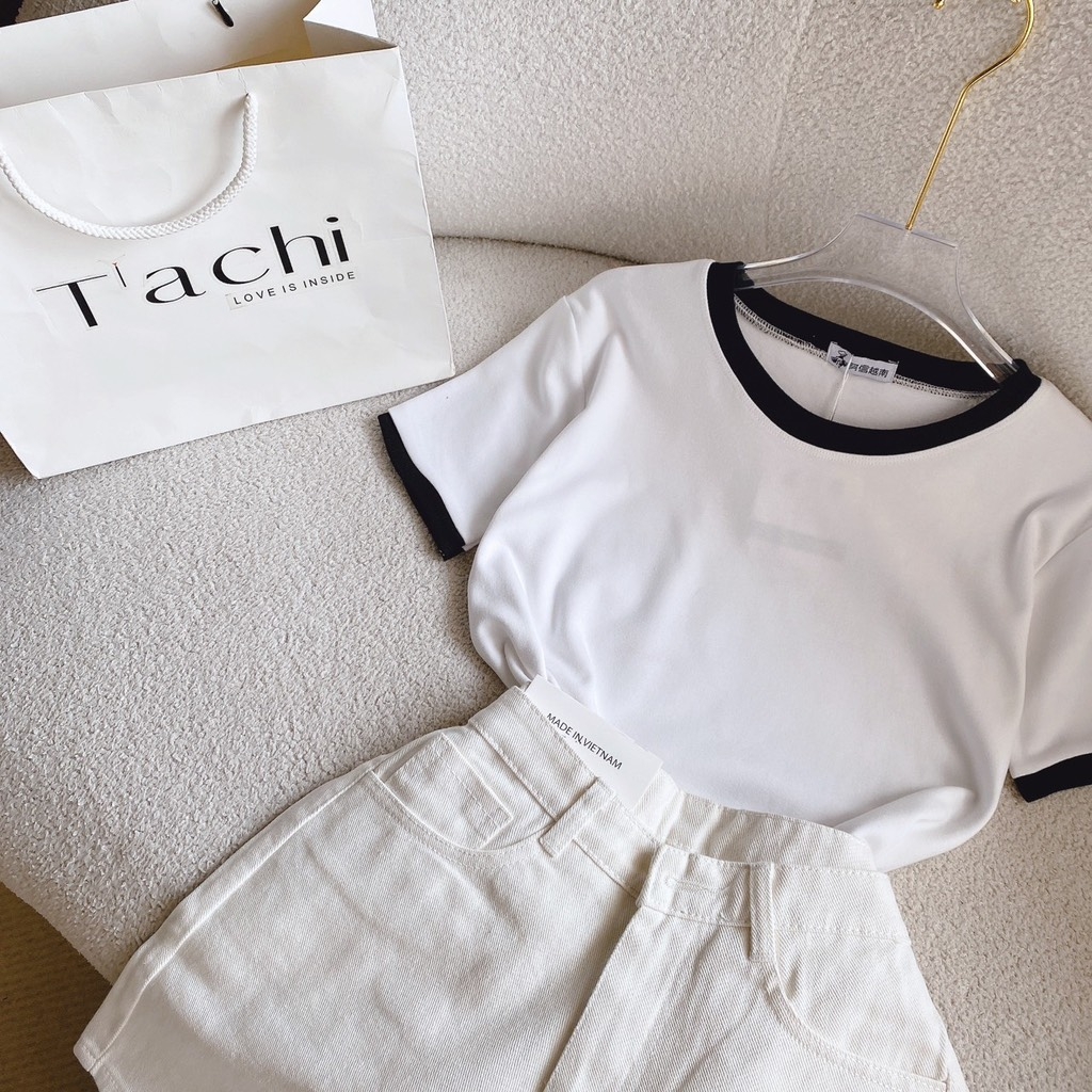 Set pull trắng viền đen x short kaki