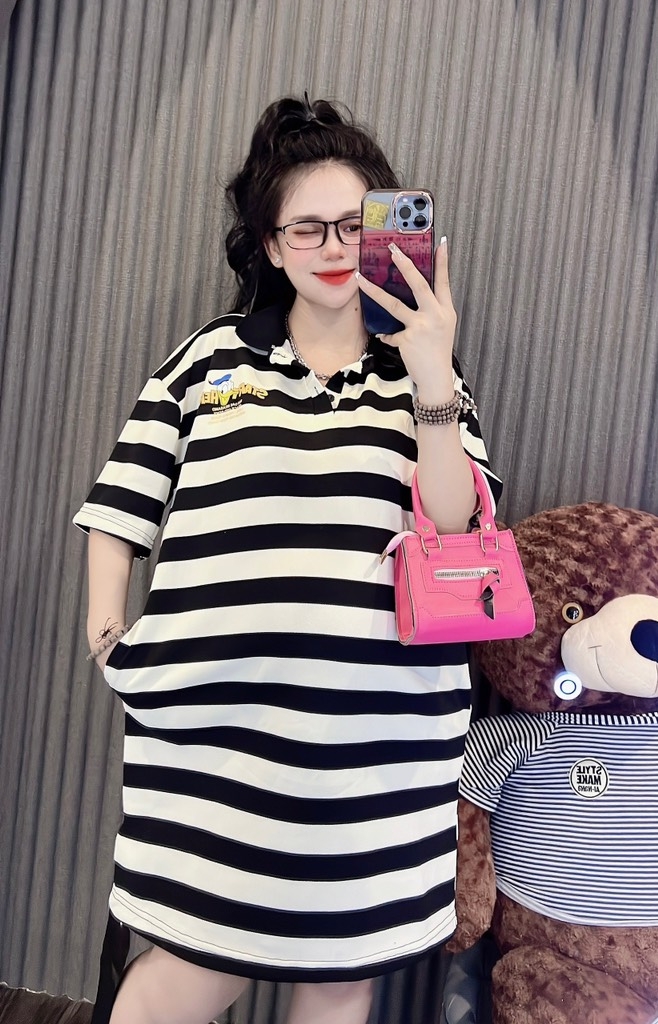 Đầm thun sọc cổ sơ mi