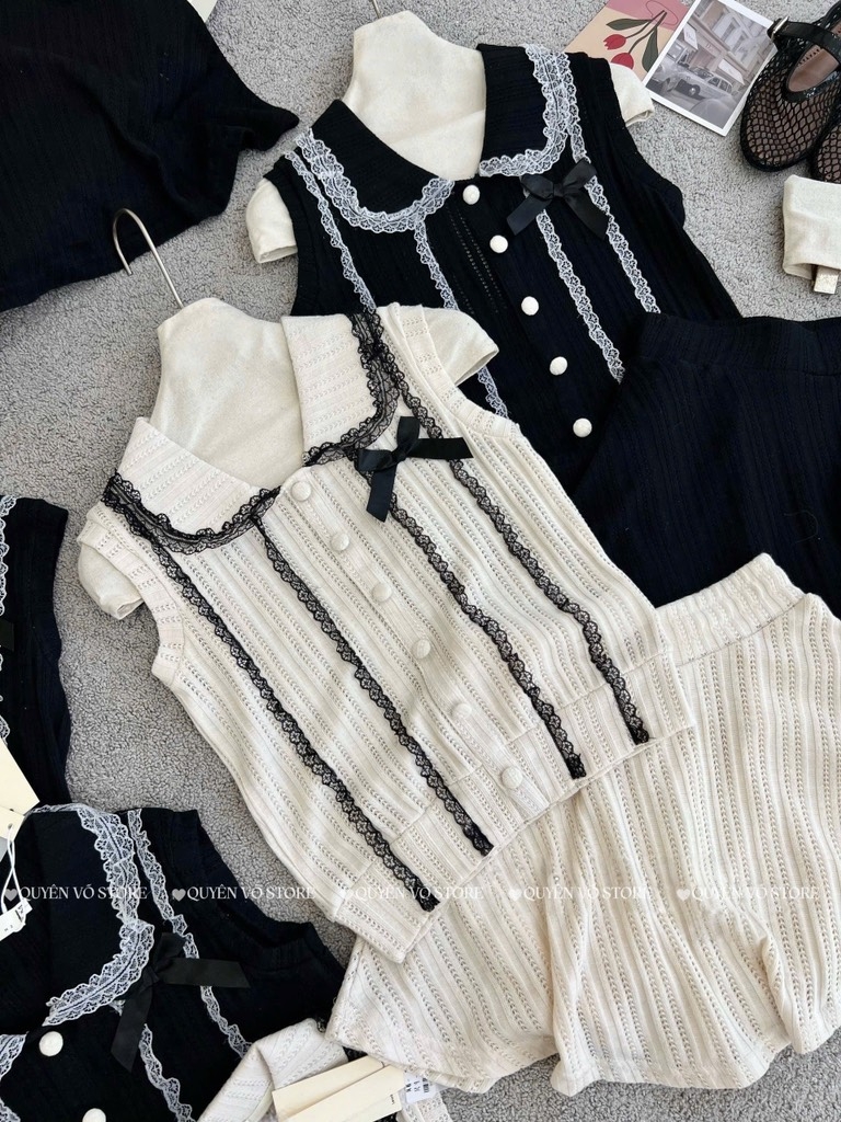 Set áo cổ sen kẹp ren - 545 - Đen