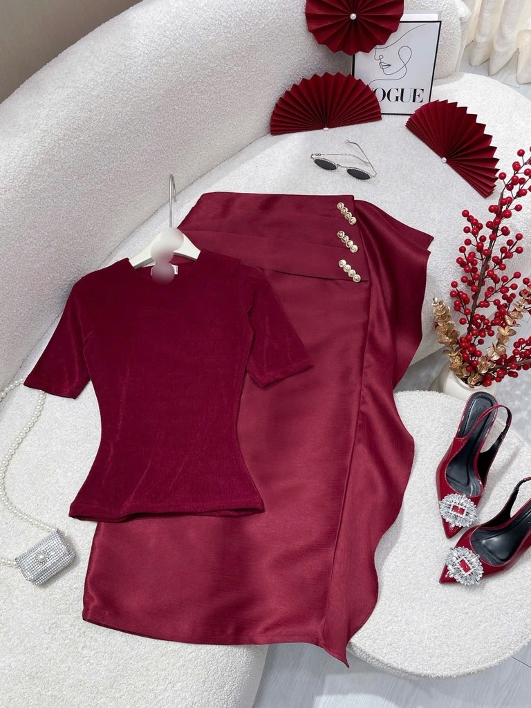 Set áo thun chân váy dài ôm body tag cài eo