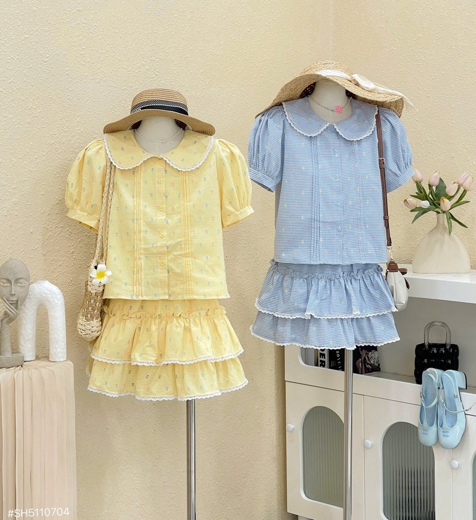 Set hoa nhí cổ sen chân váy - Xanh S