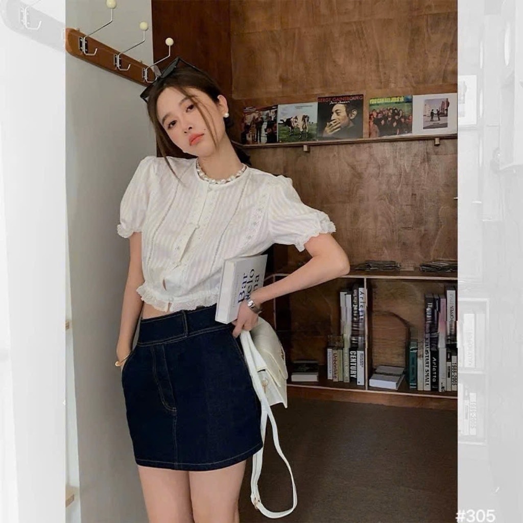 Áo sơ mi ren thắt eo