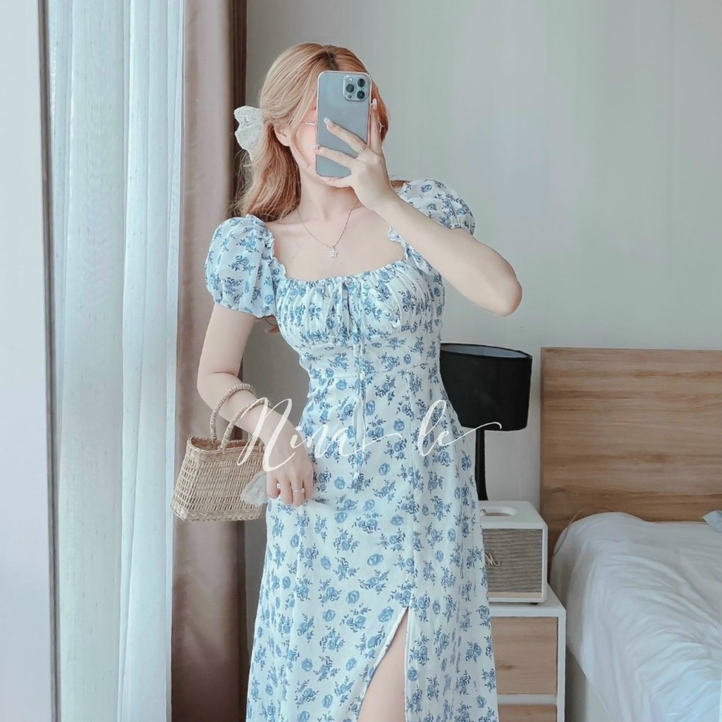 Đầm maxi hoa xanh midi nhíu ngực