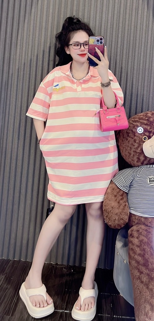 Đầm thun sọc cổ sơ mi