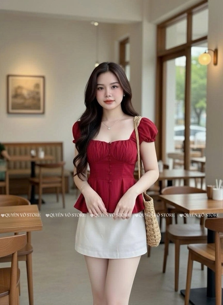 Áo ôm babydoll nút bọc - TRƠN ĐỎ