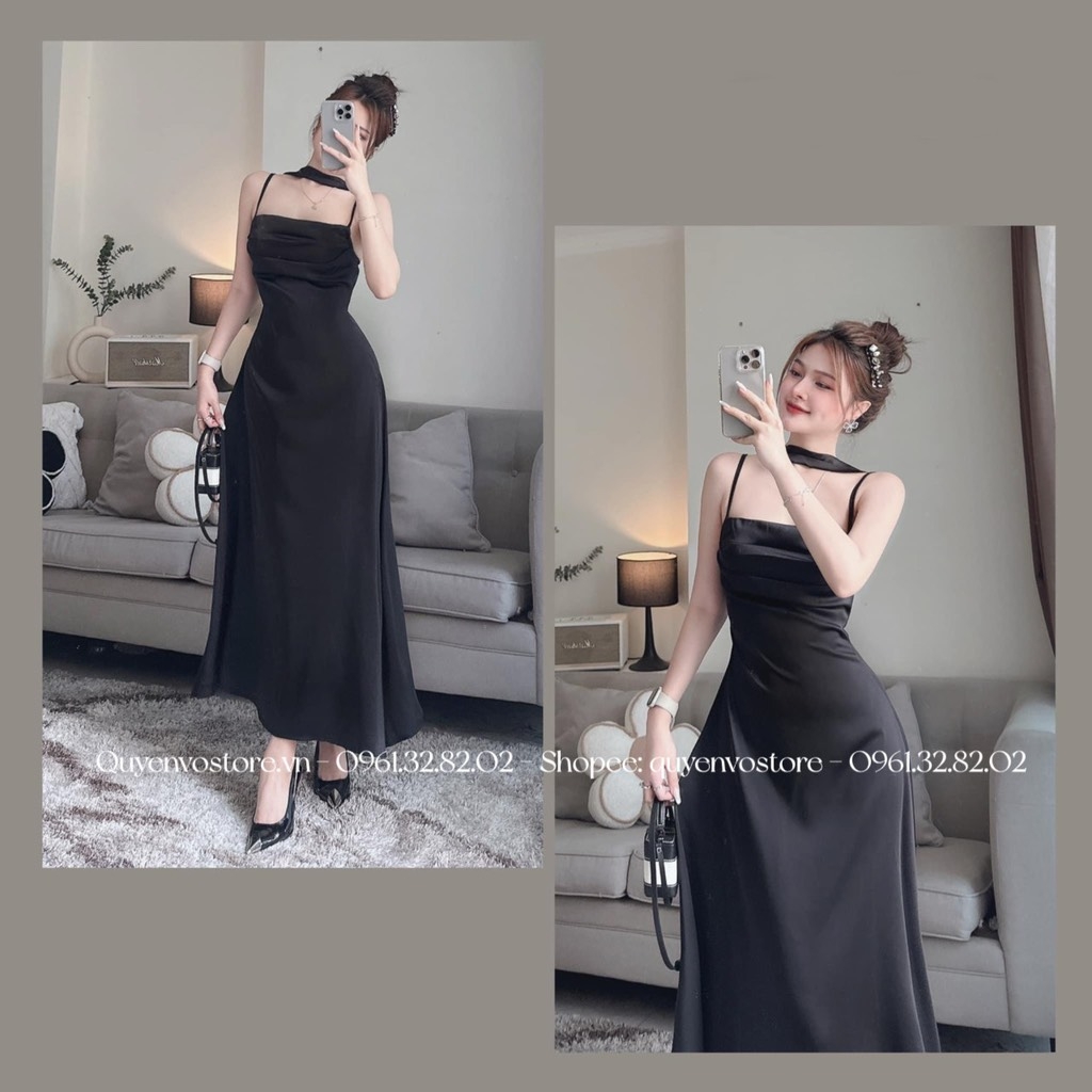Đầm lụa 2 dây đáp cổ li ngực