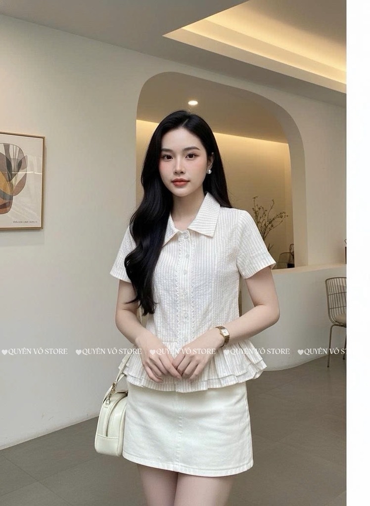 Áo sơ mi babydoll sọc kem