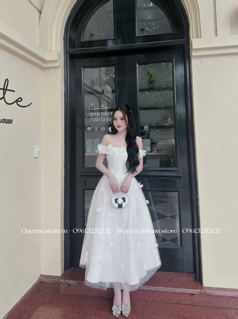 Đầm tafta hoa trễ vai dáng xòe