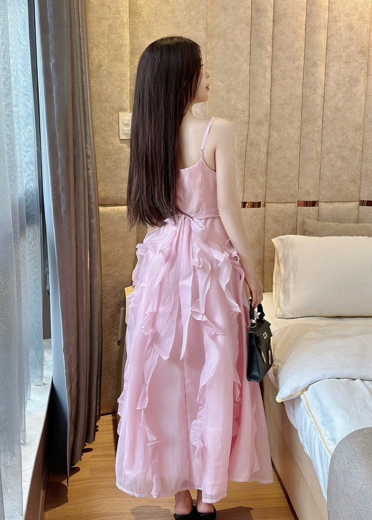 Đầm xòe hồng 2 dây phối bèo