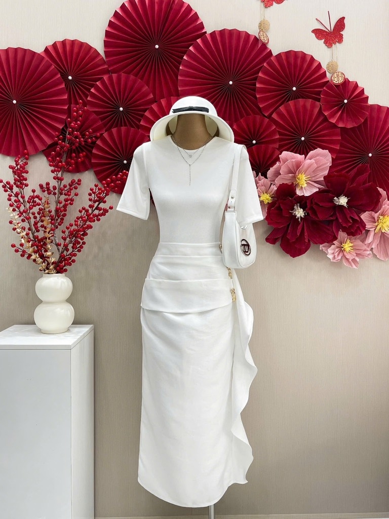 Set áo thun chân váy dài ôm body tag cài eo
