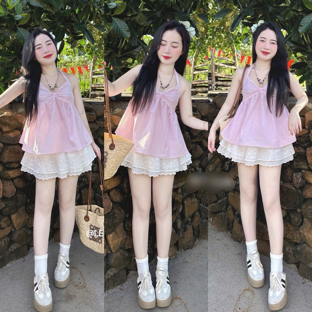 Set áo peplum sọc hồng cổ yếm chân váy xòe