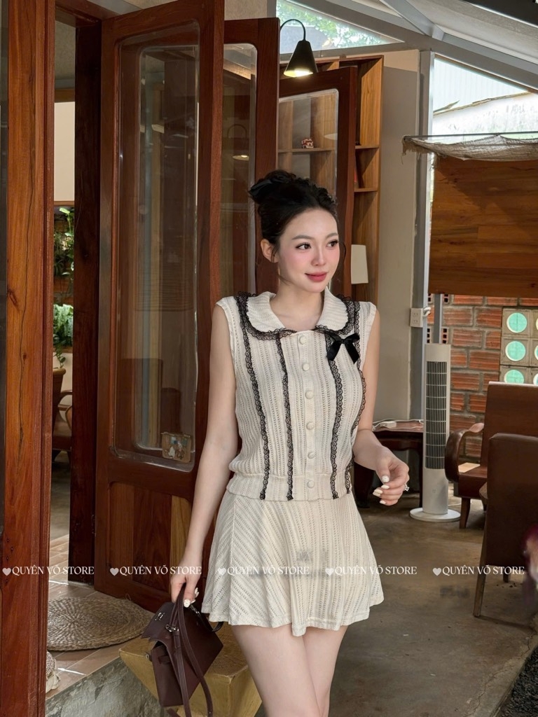 Set áo cổ sen kẹp ren - 545 - Be