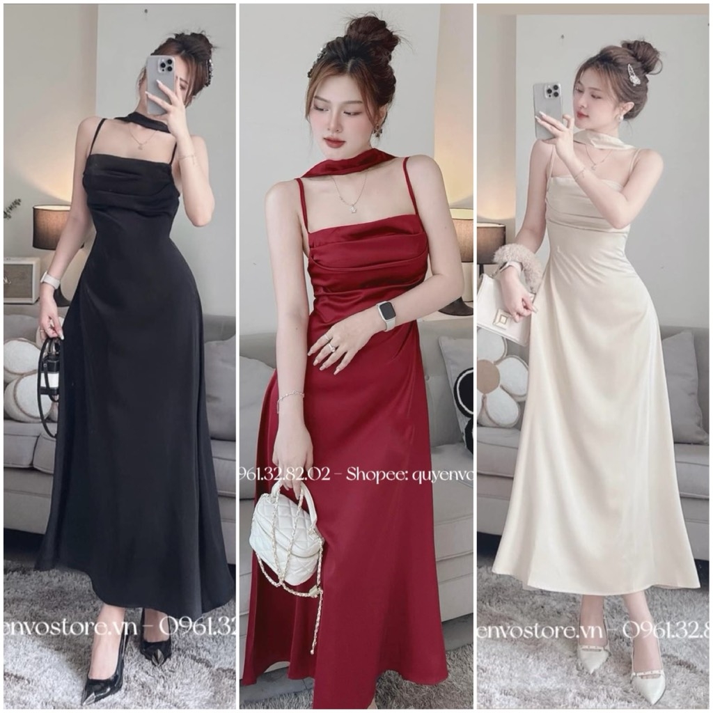 Đầm lụa 2 dây đáp cổ li ngực