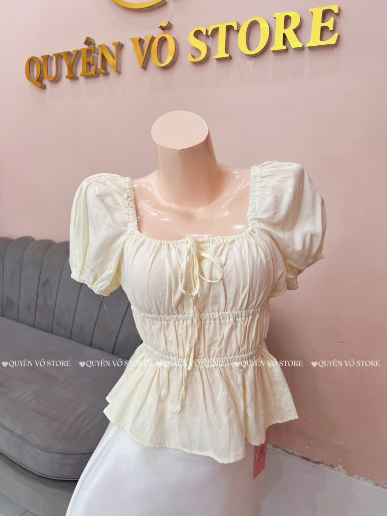 Áo nhún cổ vuông - Kem