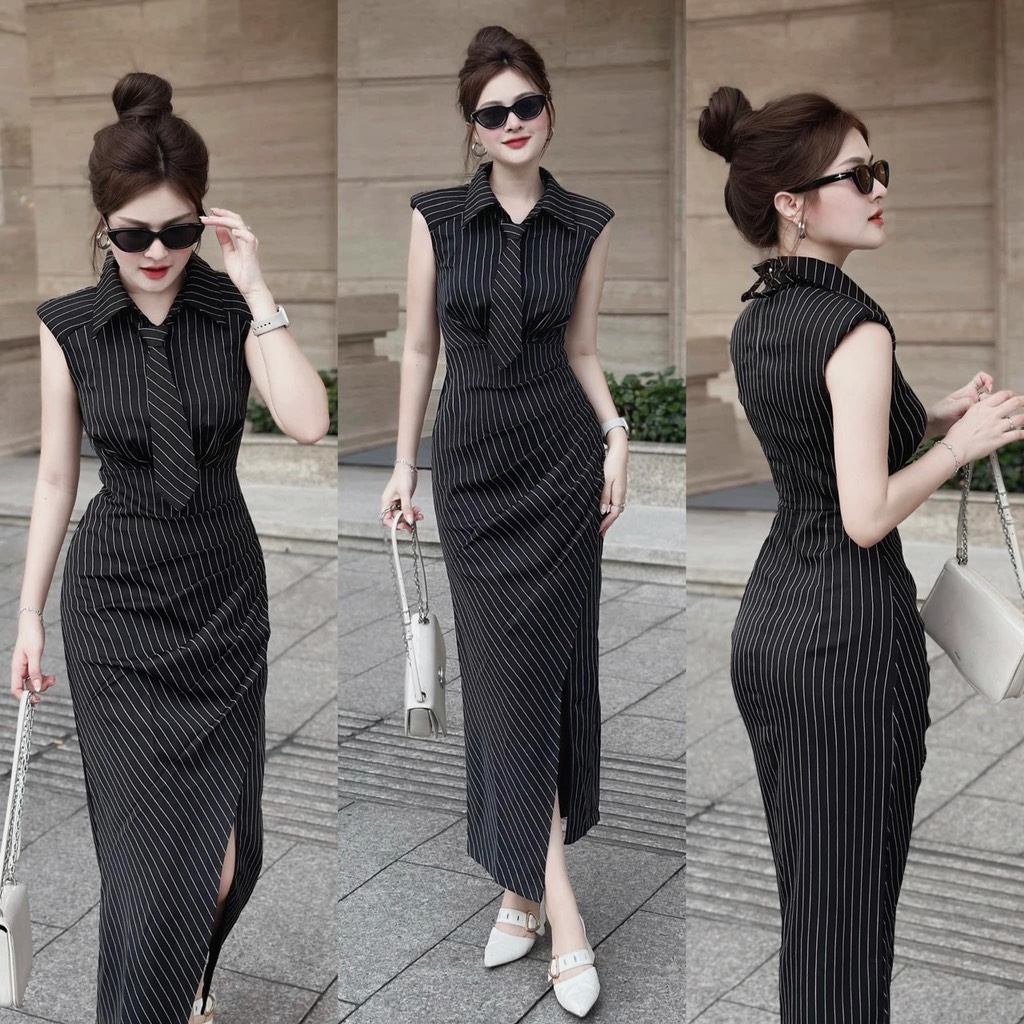 Đầm midi sọc đen cổ sơ mi vạt đắp