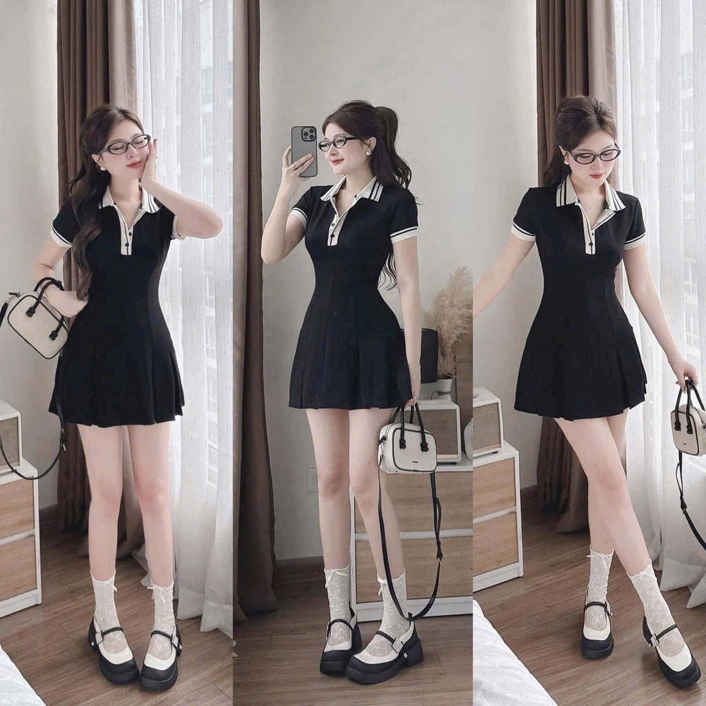 Đầm đen cổ polo viền