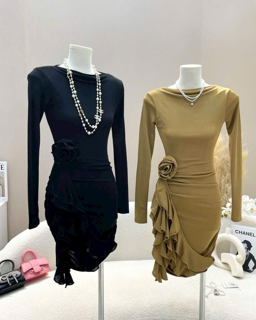 Đầm ôm body thun ánh kim - Nâu